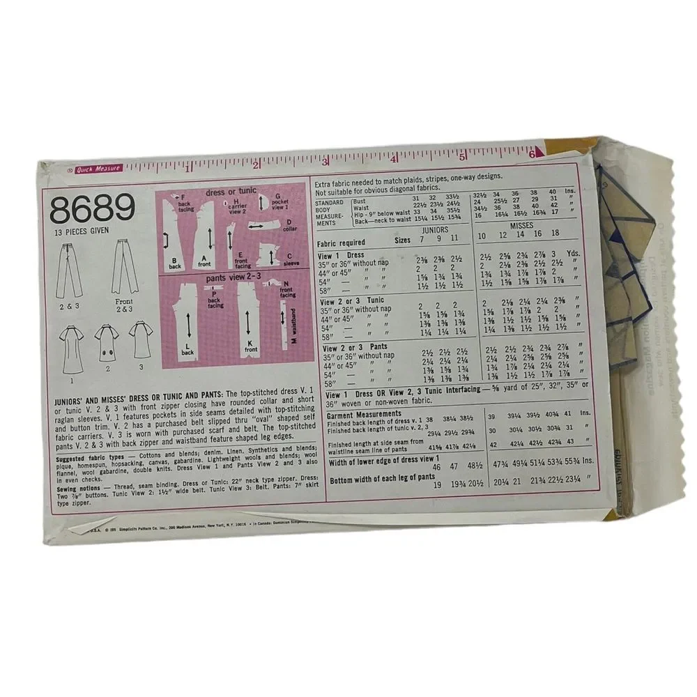 Vintage Simplicity Pattern 8689 Dress Tunic Shaped Leg Pants Size 12 circa 1970s